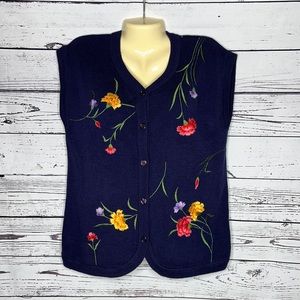 Bonnie Lee LeRoy NWT 38 (US M) Navy - Floral Embroidered Sweater Vest Cardigan